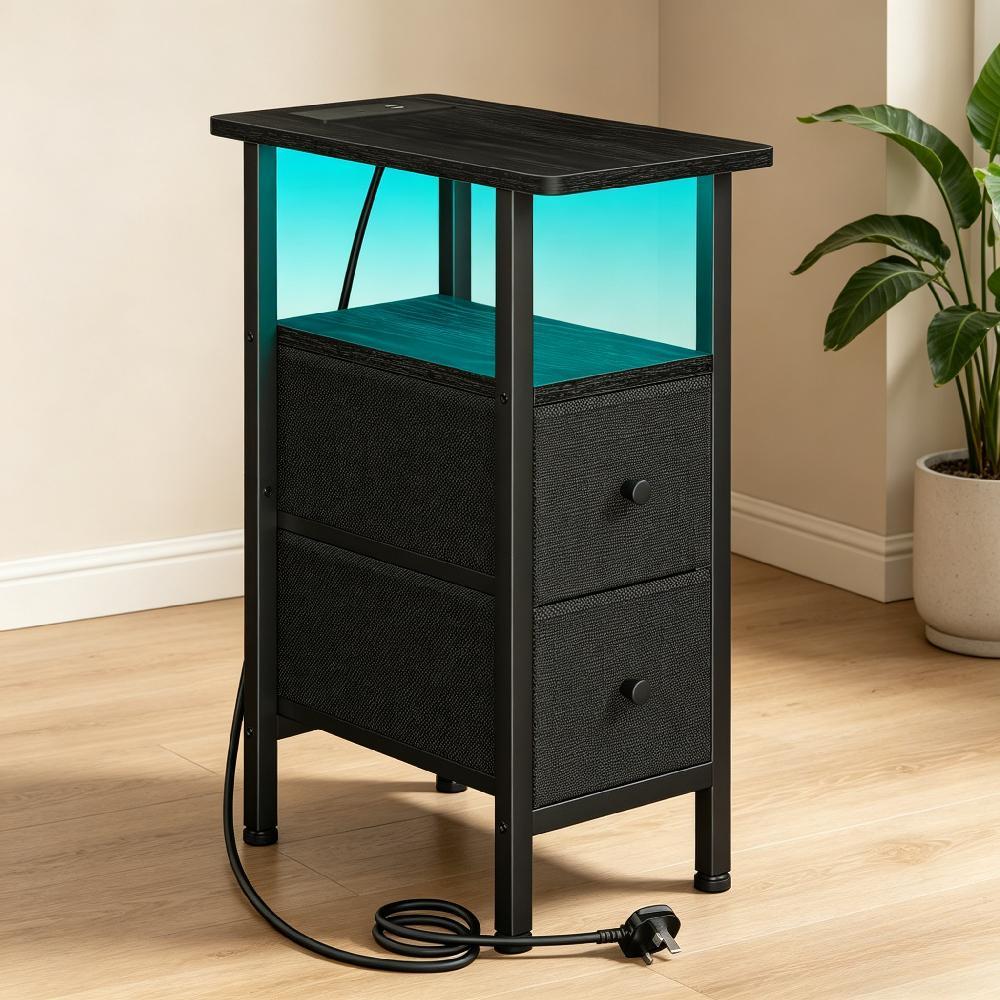 Slim Bedside Table with Charging Station and LED Lights, Narrow Nightstand with 2 Fabric Drawers for Small Spaces, Black End Table for Living Room and Bedroom
