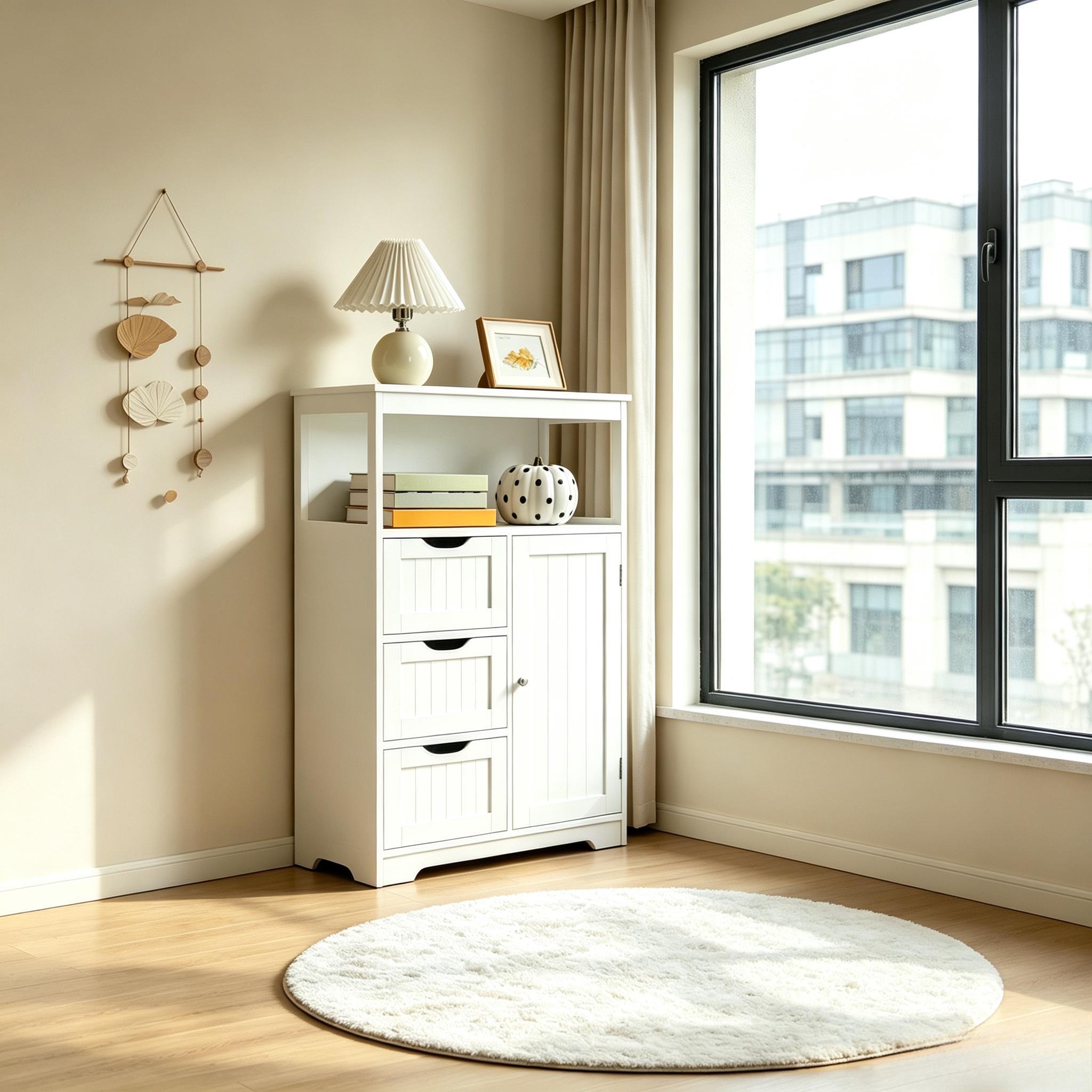 Modern White Freestanding Wooden Storage Cabinet, Accent Floor Organizer with Open Shelf, 3 Drawers & Adjustable Shelving, Multi‑Purpose Sideboard for Bathroom Living Room Kitchen Entryway