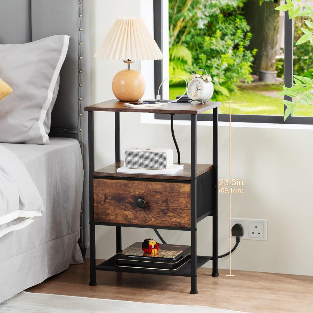 Bedside Table Set of 2 with Charging Station, Nightstand with 2 AC Outlets & USB Ports, Fabric Drawer Night Stand with Open Storage Shelf, Small Side End Table for Bedroom Living Room, Small Space Furniture, Black / Brown