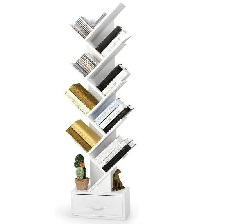 10‑Tier Tree‑Shaped Floor‑Standing Bookshelf, Wooden Narrow Book & Magazine Display Storage Shelving Unit with Foldable Fabric Drawer for Living Room Bedroom Office