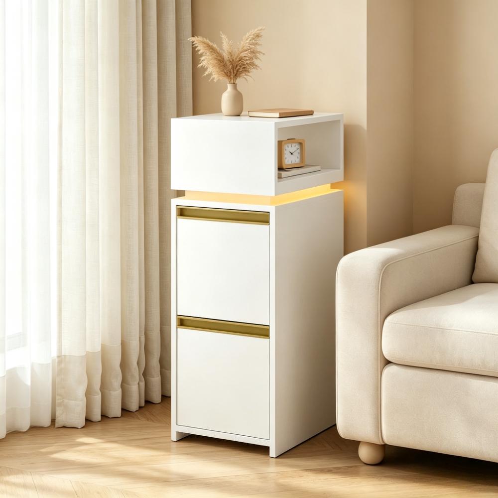 Modern Slim Nightstand with LED Light, 2-Drawer Bedside Cabinet with Open Storage Shelf, Small Side Table for Bedroom Living Room, Space-Saving Furniture [Plus A Free Gift]
