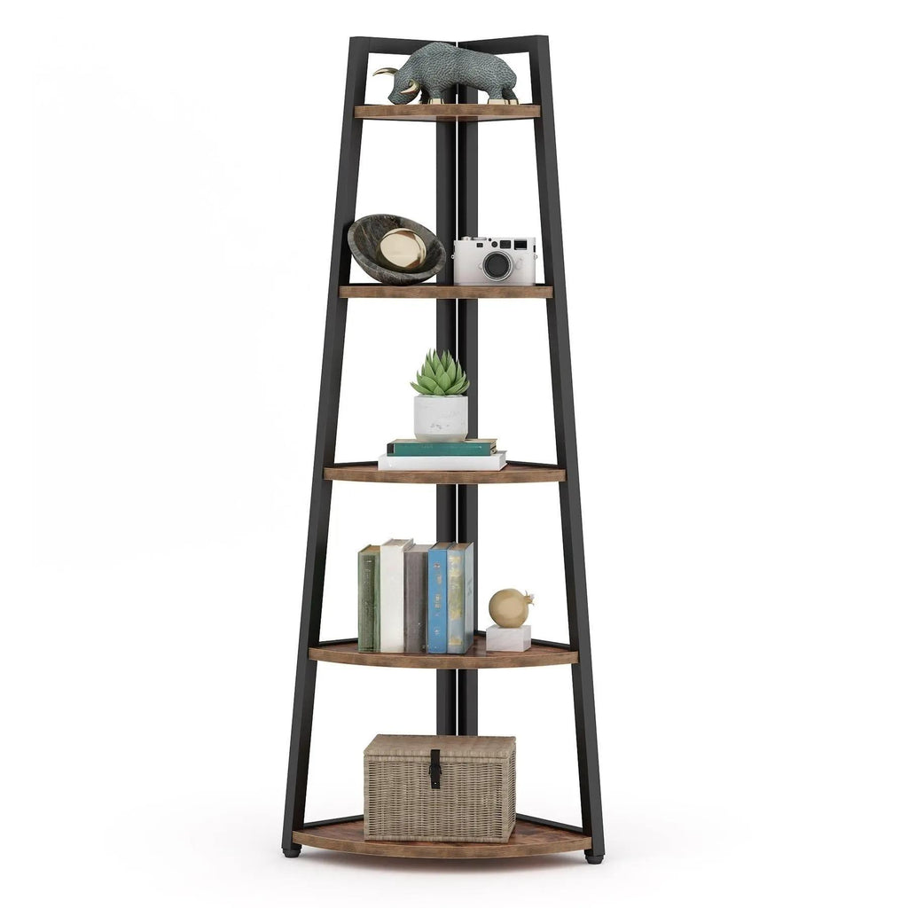 70 Inch Tall 5-Tier Corner Bookshelf, Ladder Style Open Storage Bookcase with Sturdy Metal Frame, Smooth Round Edge Freestanding Corner Organizer Rack for Living Room Bedroom Kitchen Home Display