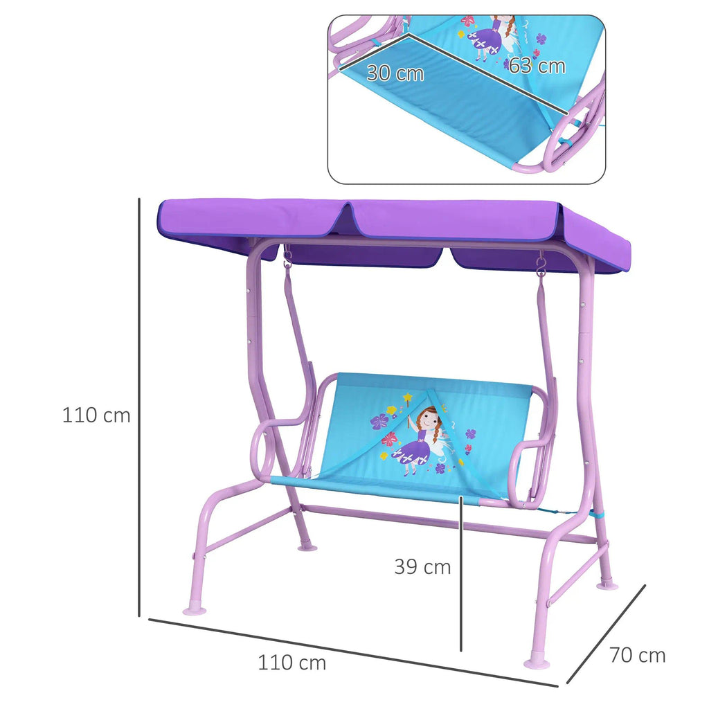 Fairy Themed Double Kids Swing Chair with Adjustable Canopy & Safety Seat Belts, 2-Seat Outdoor Garden Swing Bench for Patio Porch Backyard, Suitable for Boys Girls Ages 3-6 Years