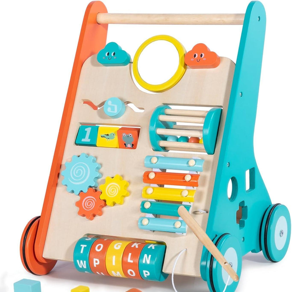 10-in-1 Wooden Toddler Push Walker, Multifunctional Educational Activity Learning Center with Silent Floor-Safe Rubber Wheels, Push-Along Walking Toy for Boys & Girls 12 Months+, Great Baby Gift