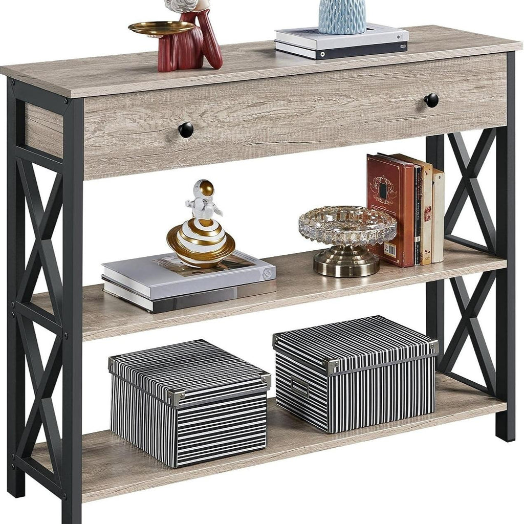Industrial Vintage Console Table, MDF & Iron Frame Entryway Table with Drawer and 2 Open Storage Shelves, 3-Tier Narrow Sofa Side Table, Multifunctional TV Stand Accent Furniture for Living Room Hallway Bedroom Entryway