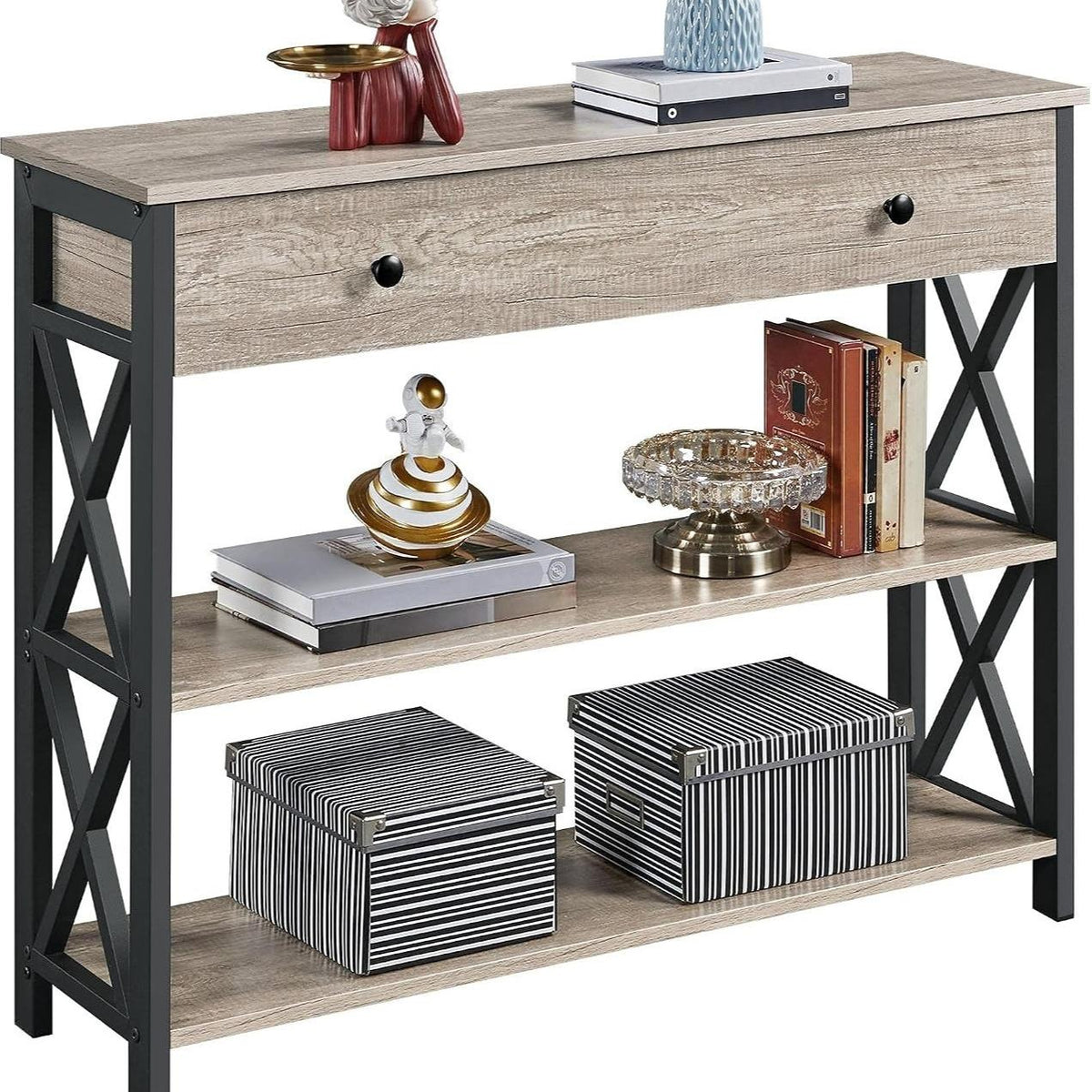 Industrial Vintage Console Table, MDF & Iron Frame Entryway Table with Drawer and 2 Open Storage Shelves, 3-Tier Narrow Sofa Side Table, Multifunctional TV Stand Accent Furniture for Living Room Hallway Bedroom Entryway