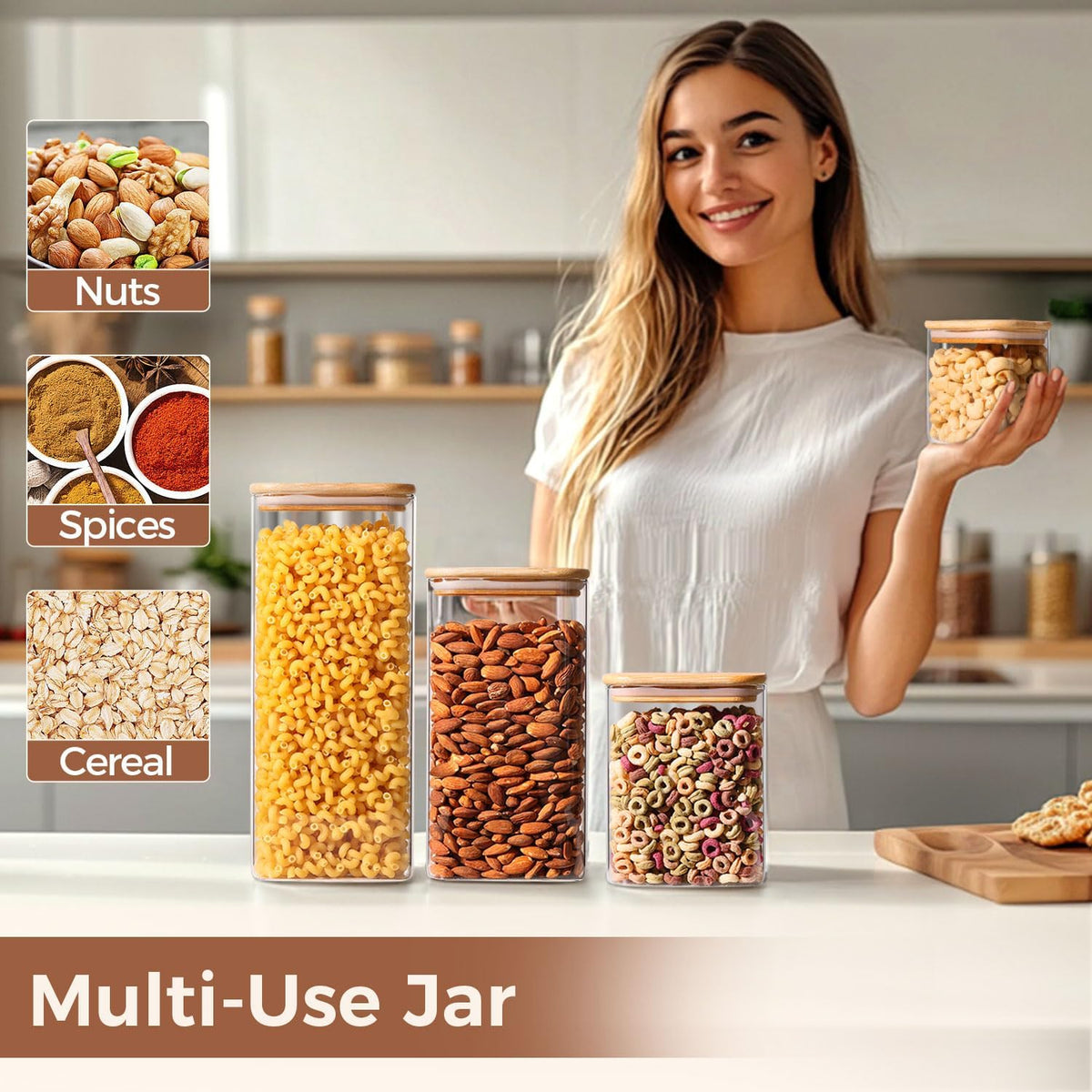 Rectangle Glass Storage Containers with Lids, Glass Jars with Bamboo Lids, Clear Food Storage Jar, Sugar Coffee Containers, Pantry Storage Container for Pasta Flour Oats Nuts