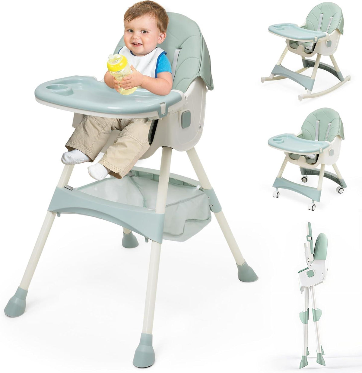 5 in 1 Convertible Baby High Chair, Foldable Portable Infant Chair with Adjustable Height and 3 Position Reclining Backrest, Sturdy Travel Friendly Toddler Seat [Plus A Free Gift]