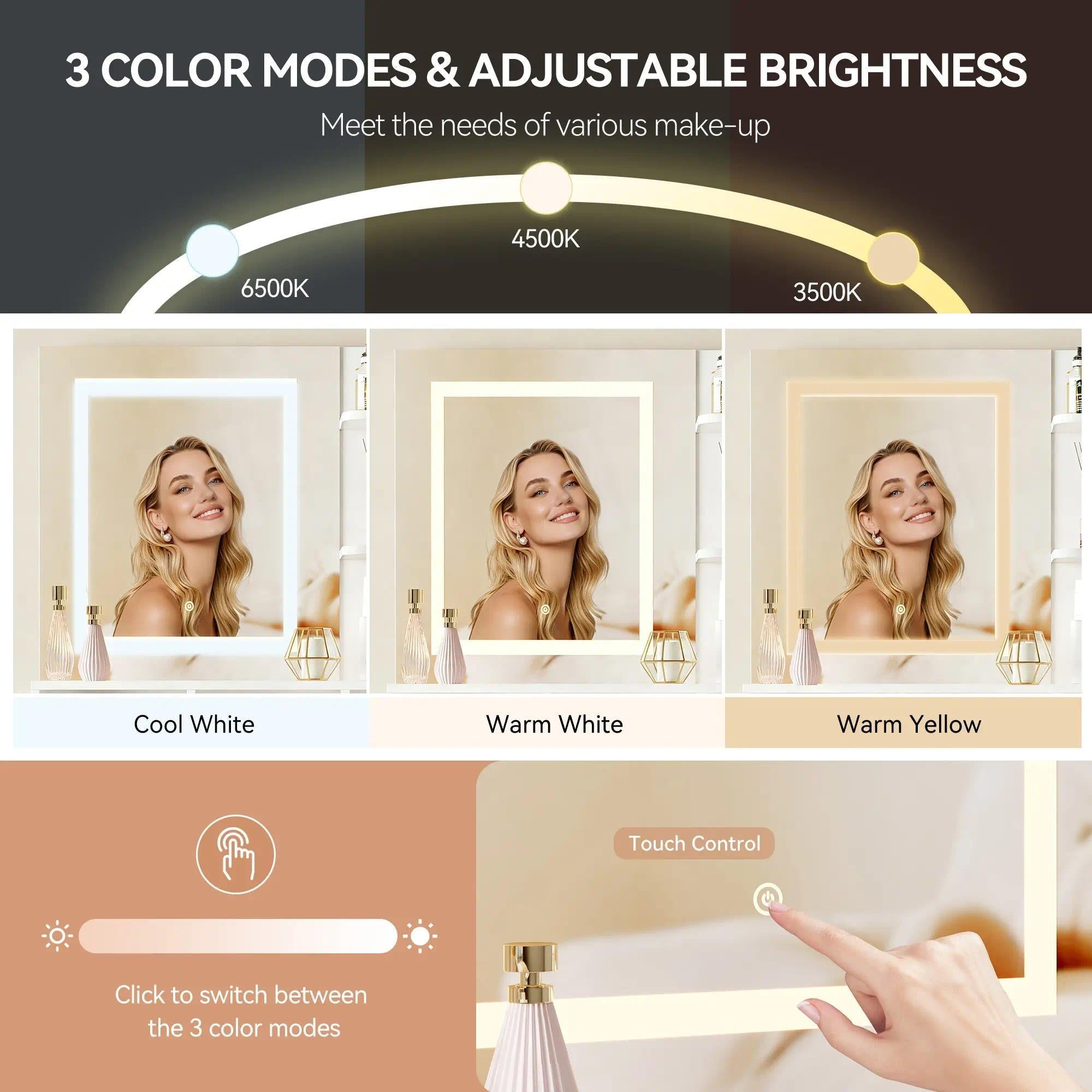 Modern Dressing Table, Vanity Desk with LED Lighted Mirror & Drawers, Touch‑Control 3 Color Modes Brightness Adjustable Makeup Table, Large Open Storage Shelves Cabinet, Cosmetic Vanity Desk for Bedroom