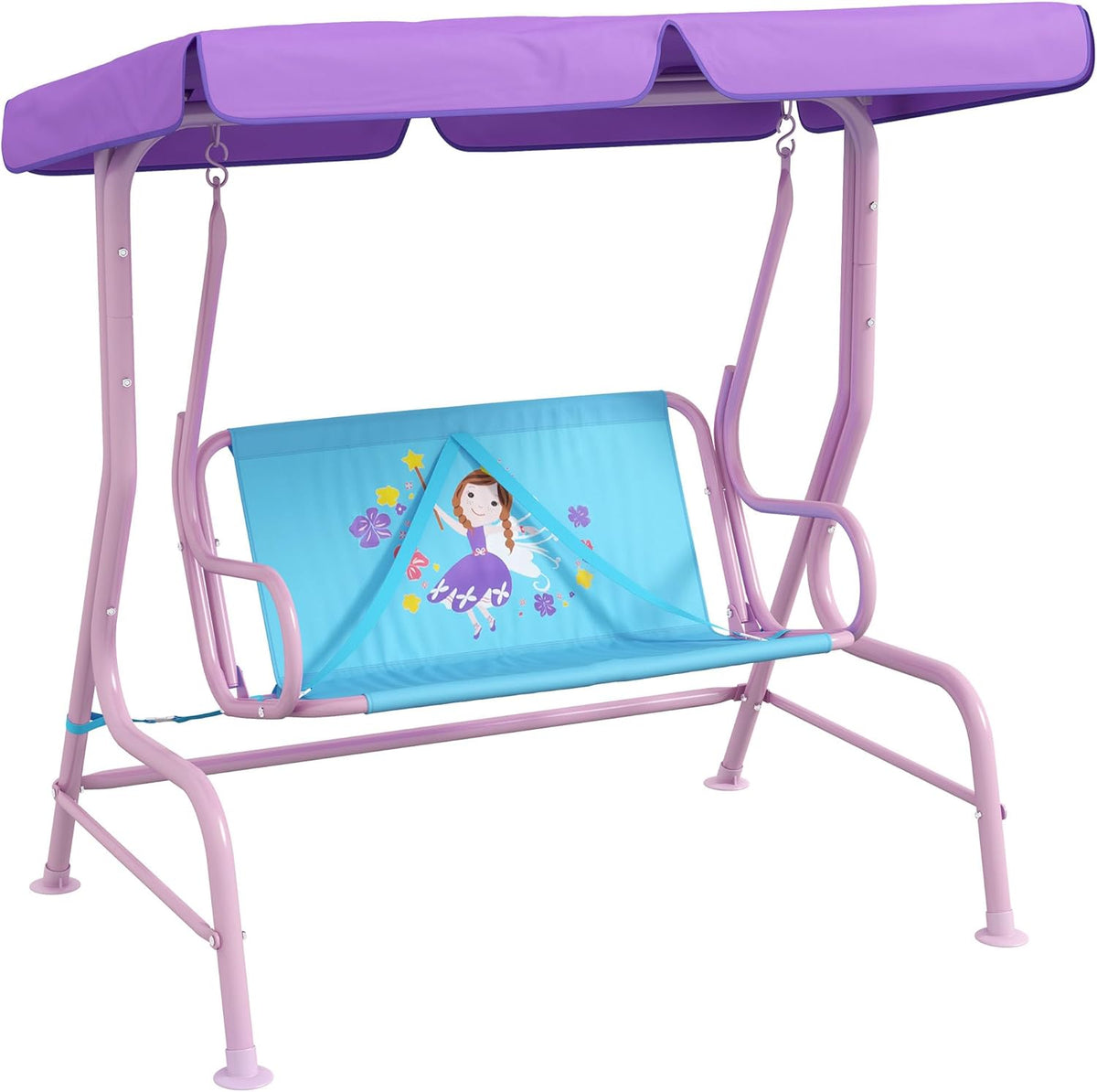 Fairy Themed Double Kids Swing Chair with Adjustable Canopy & Safety Seat Belts, 2-Seat Outdoor Garden Swing Bench for Patio Porch Backyard, Suitable for Boys Girls Ages 3-6 Years