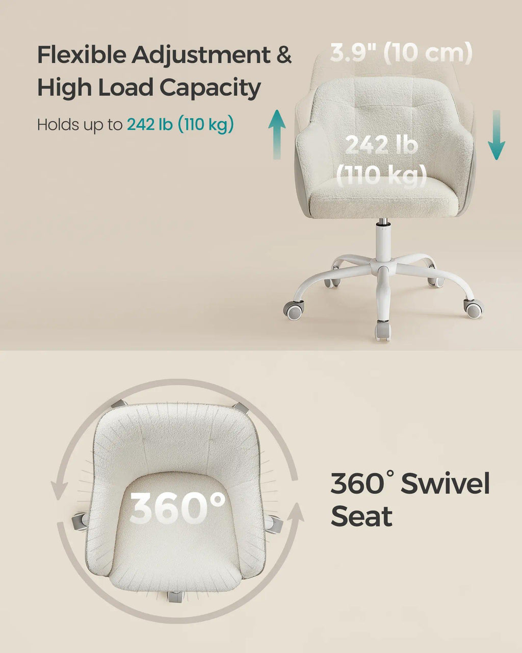 Adjustable Height Swivel Chair with Armrests, 110kg Load Capacity, Cotton-Linen Fabric, Multi-Purpose Office Chair for Home Office Study Bedroom Makeup Vanity [Plus A Free Gift]