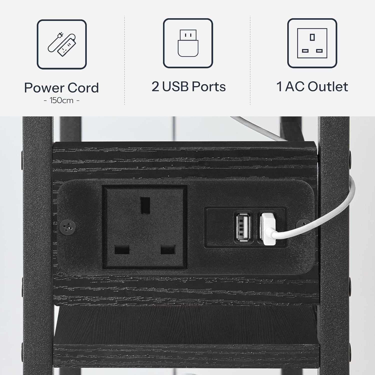 Side Table with Charging Station, Narrow Side Table with 2 Non-Woven Drawers, USB Ports and Power Outlet, 40 x 18 x 60 cm Slim Bedside Table for Small Space, Rustic Brown and Black