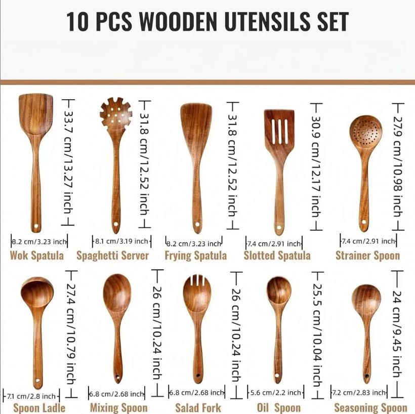 10-Piece Natural Wood Kitchen Utensil Set, Ergonomic Heat Resistant Wooden Cooking Tools, Non-Scratch Spoons & Spatulas for Electric Stoves, Premium Wooden Cookware Accessory, Ideal Kitchen Gift for Home Cooking