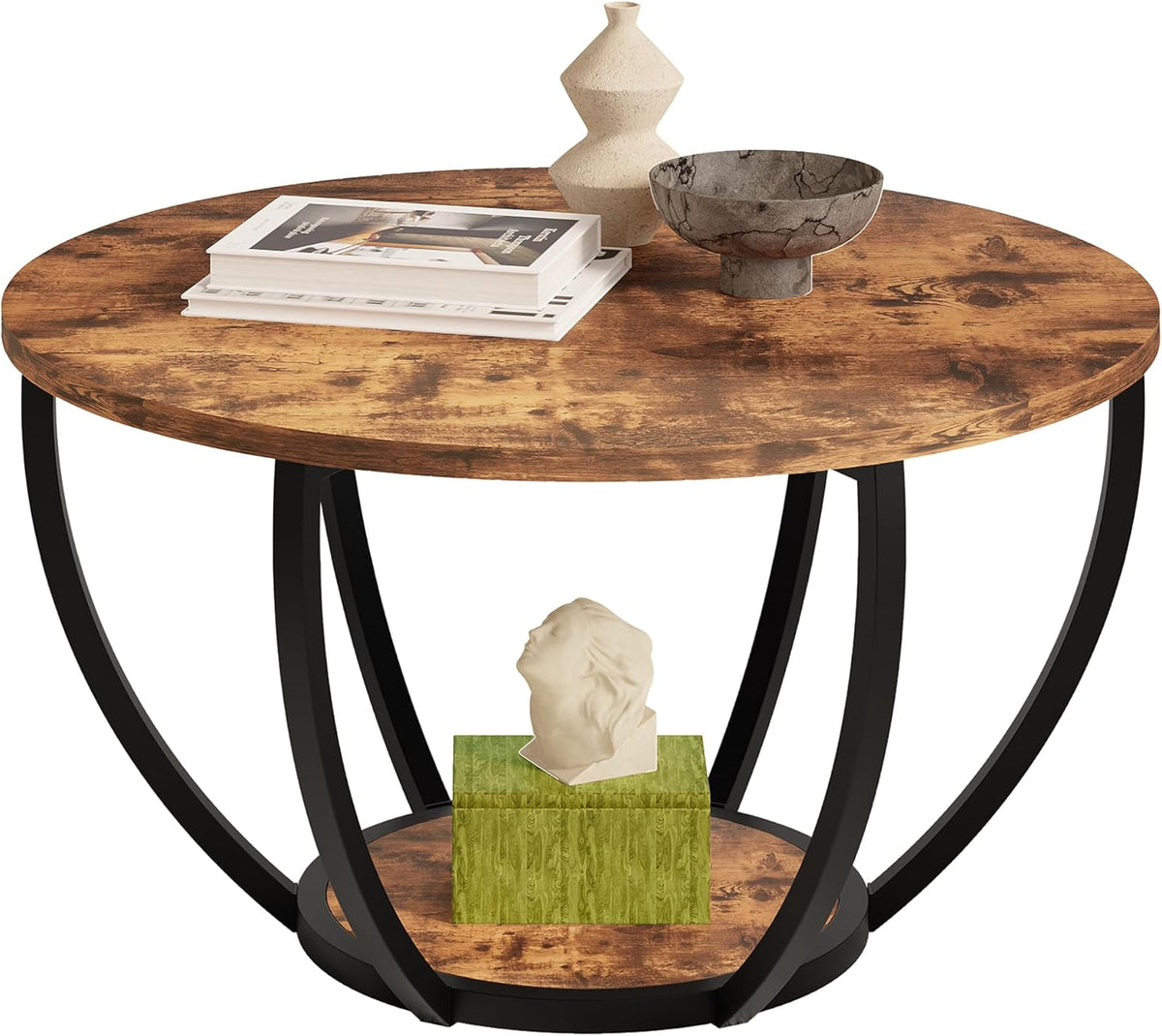 28" Round Coffee Table with Storage for Living Room, 2-Tier Wood Accent Center Table, Sofa Table for Home Office, Brown