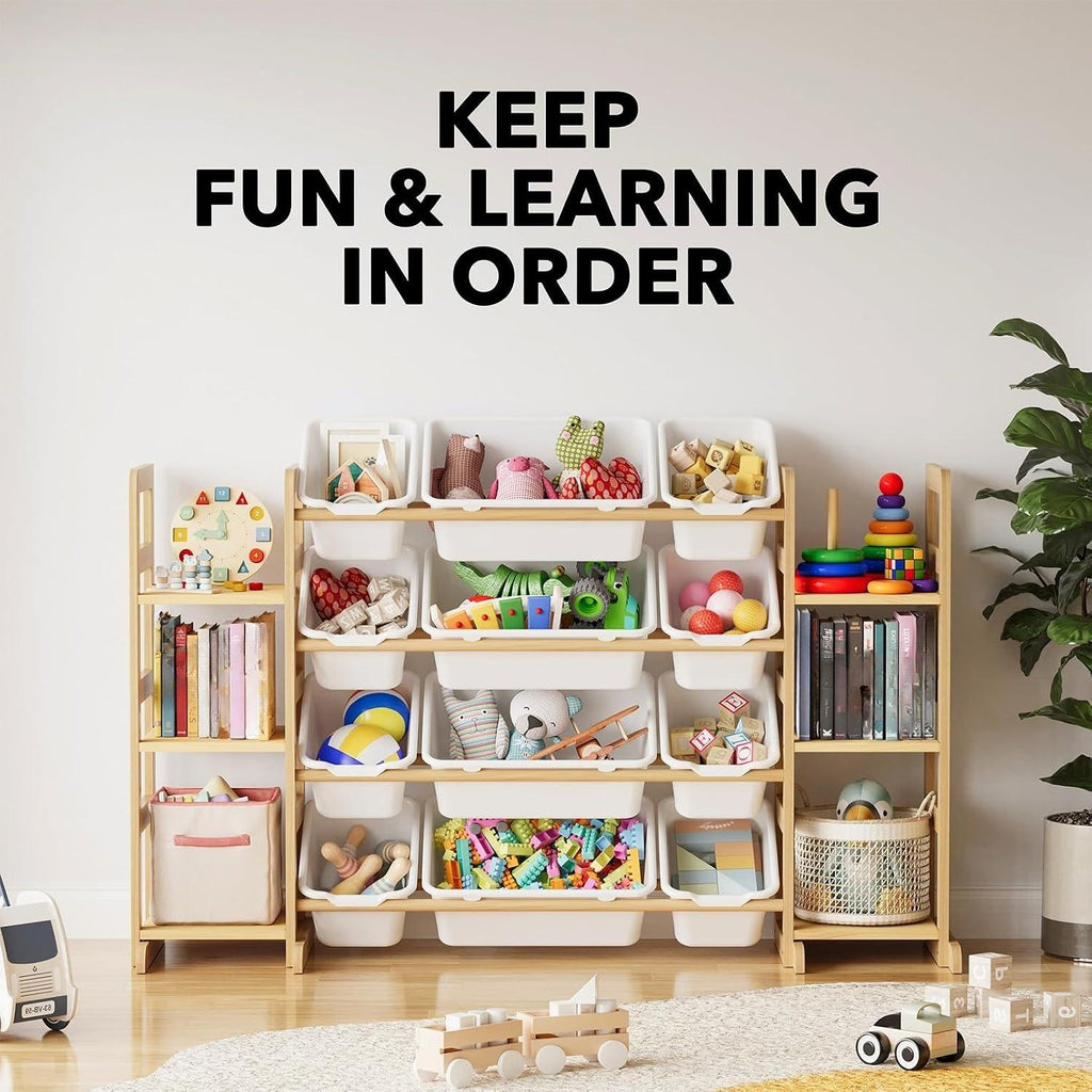 Kids Wooden Toy Storage Organizer, Toy Shelving Unit with 12 Removable Bins & 6 Open Shelves, Multi‑Purpose Children Bookcase Storage Cabinet for Playroom Bedroom Nursery