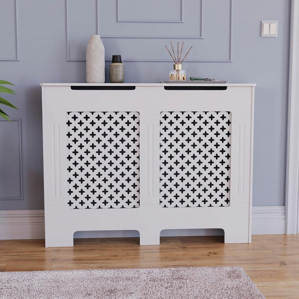 Modern MDF Radiator Cover Small White 82x78x19cm, Traditional Cross Pattern Painted Cabinet with Heat Circulation Grill for Living Room Hallway [Plus A Free Gift]