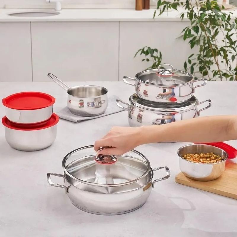 Store 13-Piece Stainless Steel Cookware Set, Even Heat Distribution, Long-Lasting Heat Retention Time-Saving Durable Kitchen Pots & Pans, Heat-Resistant Glass Lids, Induction Compatible, Dishwasher Safe Silver Cooking Ware Set