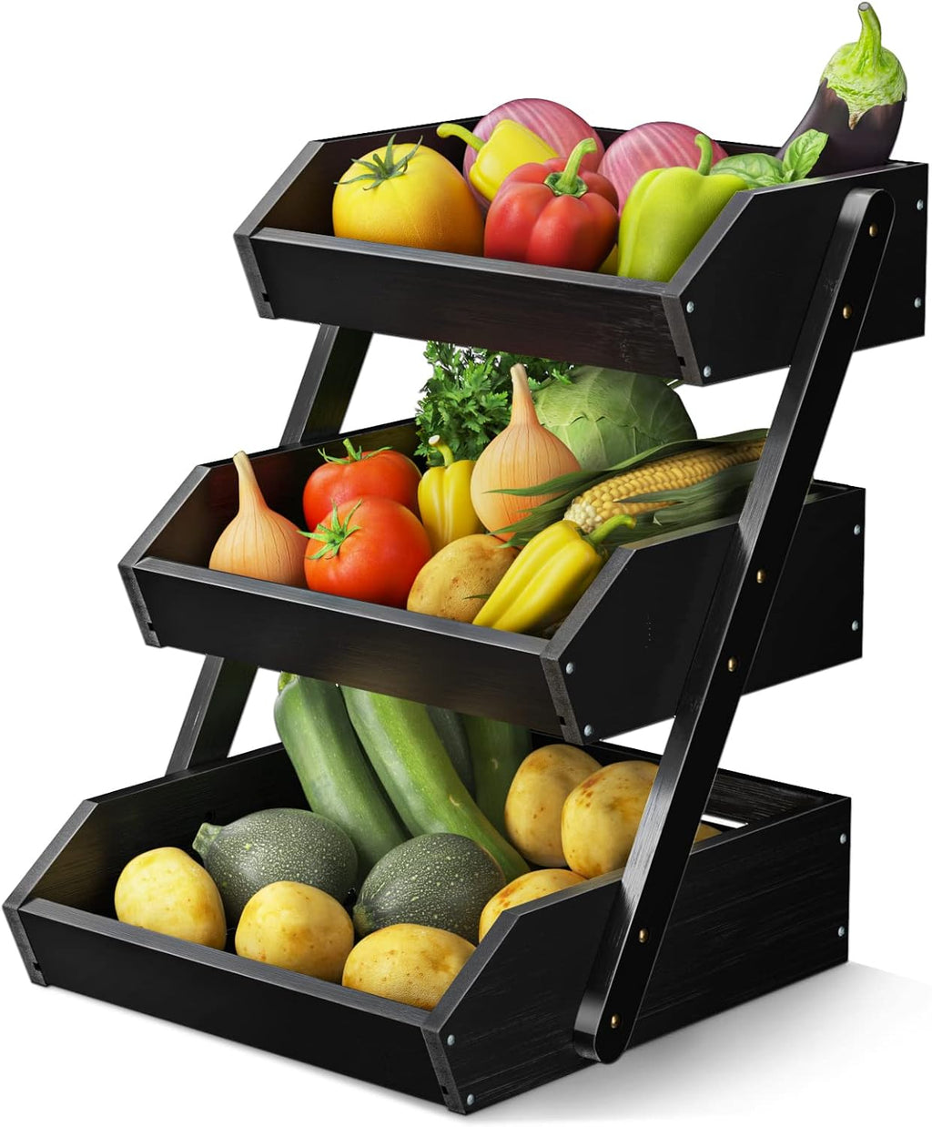 3-Tier Bamboo Fruit Basket Bowl Holder, Bread Vegetables Storage Stand for Kitchen Countertop, Snacks  in Home Kitchen and Office, Black
