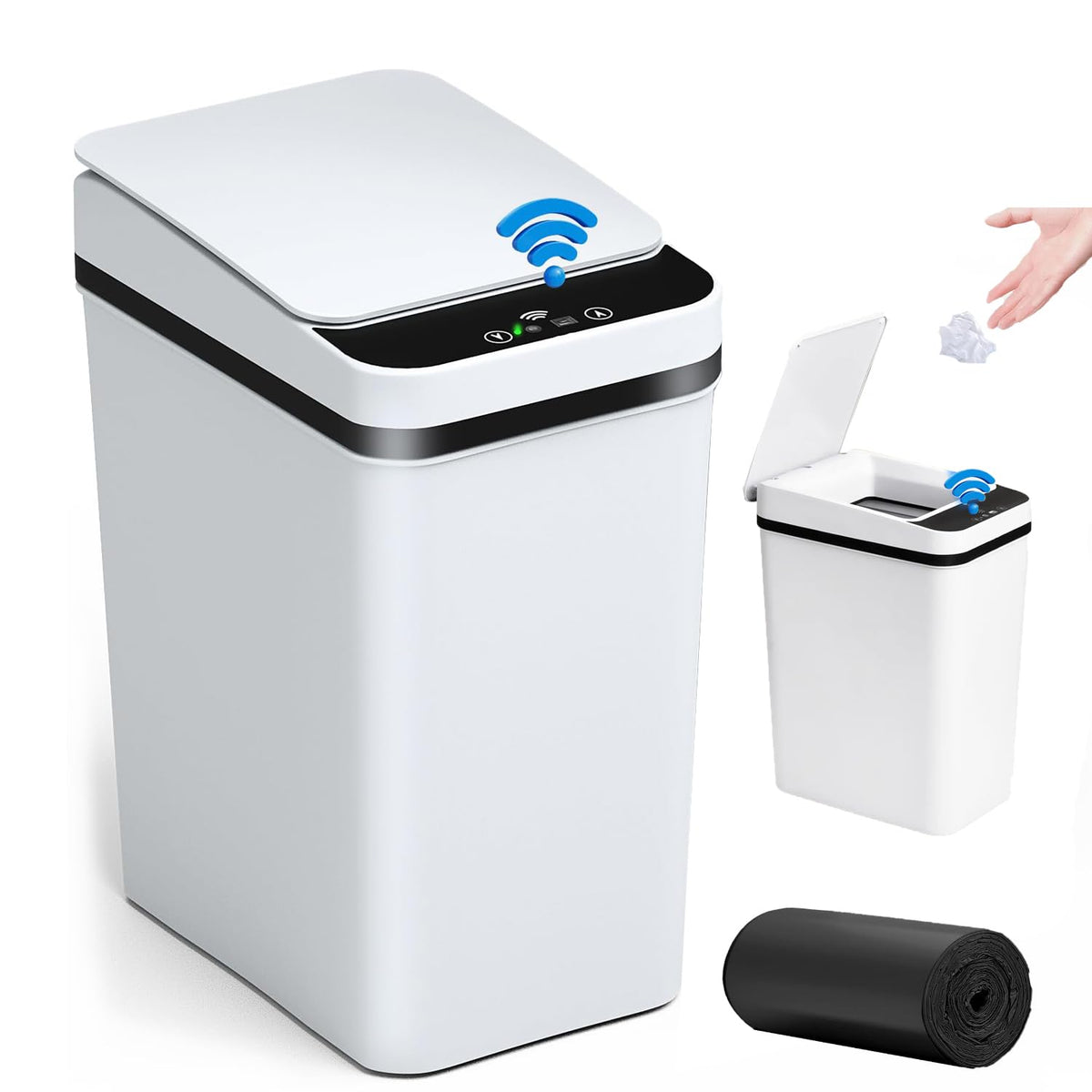 Smart Touchless Bathroom Trash Can 12L Automatic Motion Sensor Rubbish Can with Lid Electric Waterproof Narrow Small Garbage Bin for Kitchen, Office, Toilet, Bedroom with 50pcs Trash bags