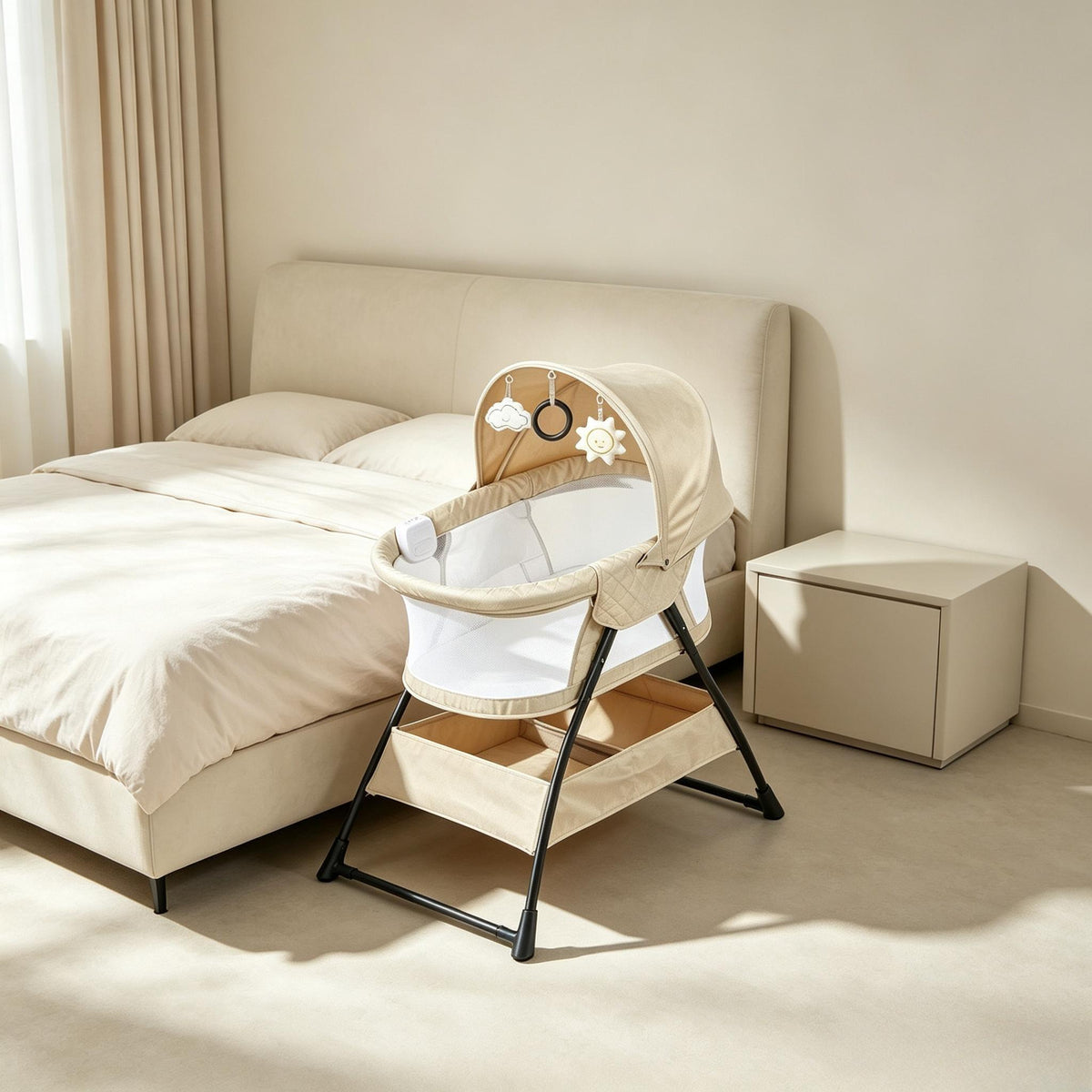 Sleepy Portable Side Crib & Moses Basket, Foldable Baby Sleeper with Gentle Vibration, Soothing Lullabies, Padded Mattress, Removable Canopy & Toys, Breathable Mesh Nursery Bed for Newborn