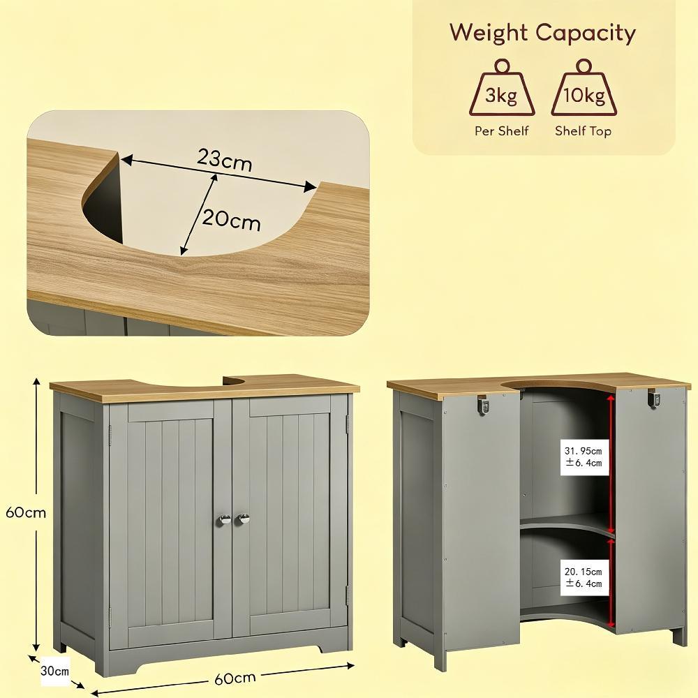Modern Double Door Bathroom Cabinet - Floor Standing Under Sink Storage Cupboard Basin Unit | Grey & Oak Effect, Multipurpose Home Organizer [Plus A Free Gift]