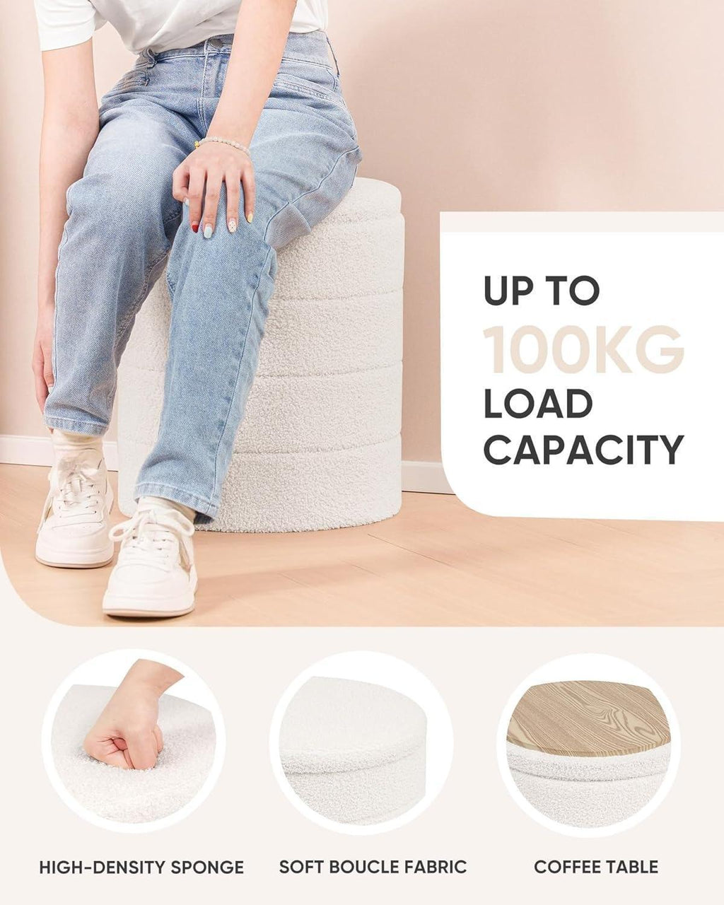 Large Round Ottoman with Storage,Folding Boucle Stool,Ottoman Coffee Table,Chest Toy Box,Footstool for Living Room,Bedroom