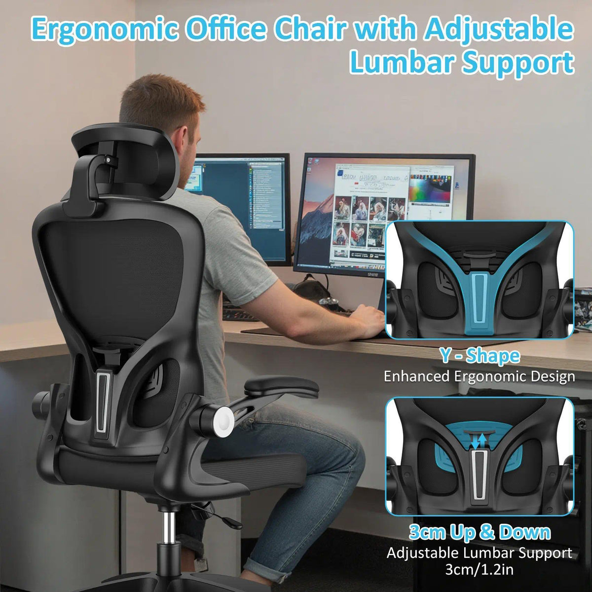 High‑Back Ergonomic Breathable Mesh Office Desk Chair, Adjustable Headrest & Lumbar Support, Flip‑Up Armrests with Rocking Tilt Function, 360° Swivel Rolling Computer Chair for Home Office Study & Gaming