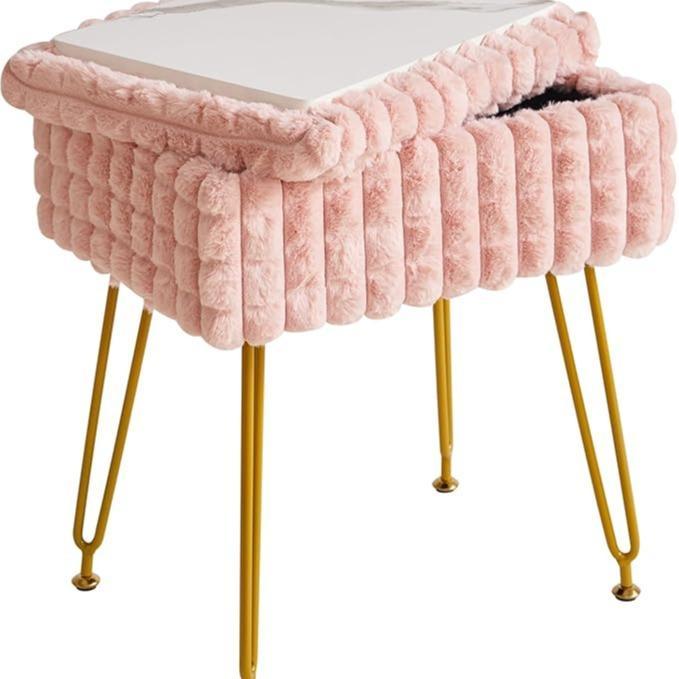 White Rectangular Vanity Chair with Storage – Ottoman Footrest Stool with Anti-Slip Feet & Square Grid Design, Perfect for Bedroom and Makeup Room