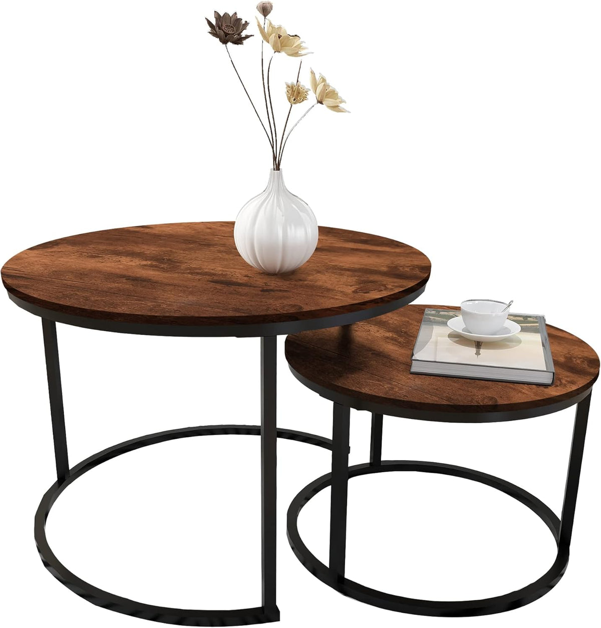 Ultimate Round Coffee Table Nesting Set - Modern Wood & Metal Side Tables for Living Room, Rustic Brown & Black Accent Tables round  dining  tables