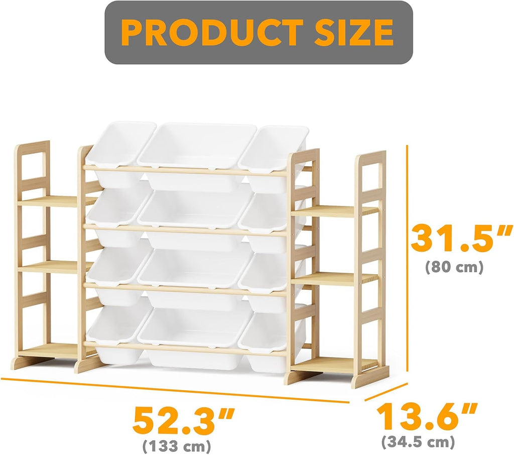 Kids Wooden Toy Storage Organizer, Toy Shelving Unit with 12 Removable Bins & 6 Open Shelves, Multi‑Purpose Children Bookcase Storage Cabinet for Playroom Bedroom Nursery