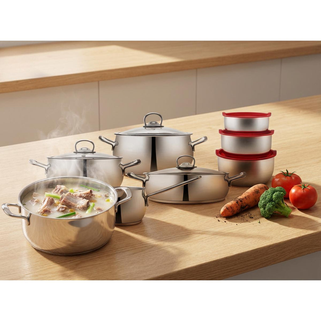 Store 13-Piece Stainless Steel Cookware Set, Even Heat Distribution, Long-Lasting Heat Retention Time-Saving Durable Kitchen Pots & Pans, Heat-Resistant Glass Lids, Induction Compatible, Dishwasher Safe Silver Cooking Ware Set