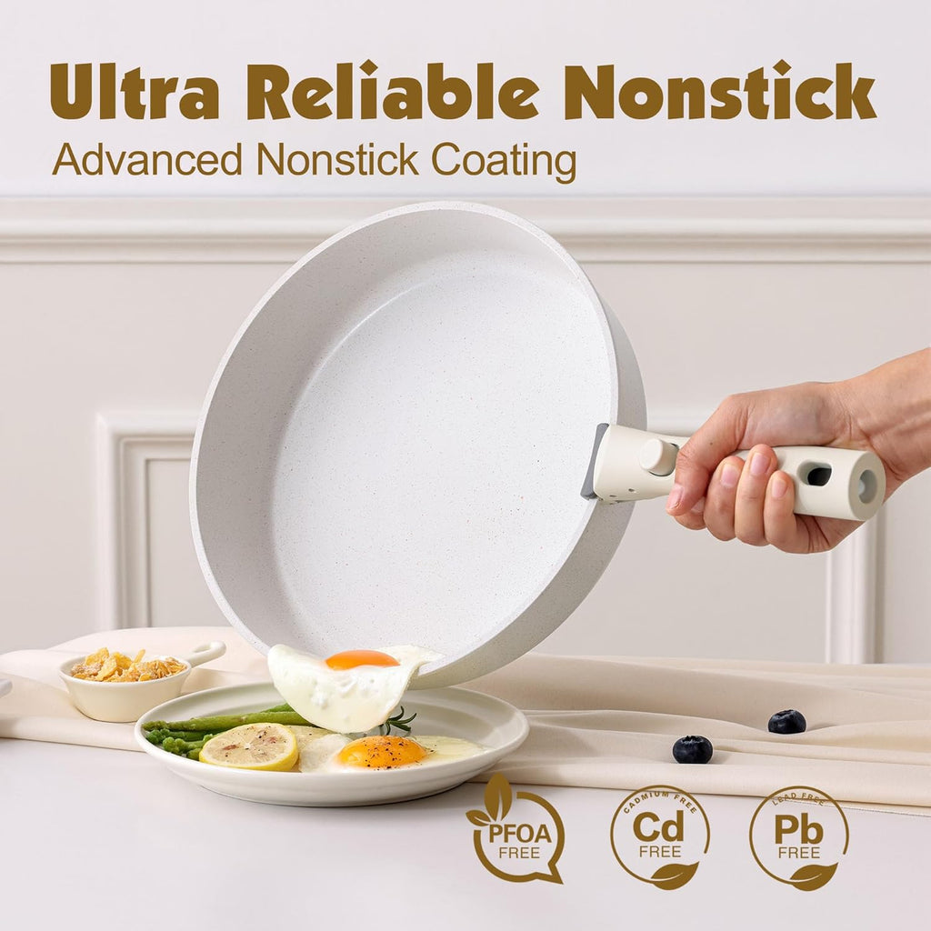 Nonstick Cookware Set with Detachable Handle, Induction Compatible Removable Handle Pots and Pans, Oven Safe Kitchen Set White [Plus A Free Gift]