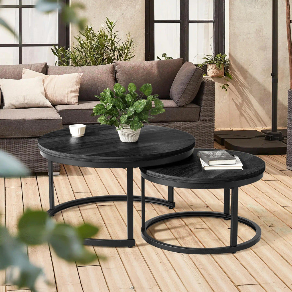 Set of 2 Round Nesting Coffee Tables Multi-Functional Side End Table with Sturdy Metal Frame Space Saving Accent Furniture for Living Room Bedroom Apartment Modern Industrial Minimalist Style