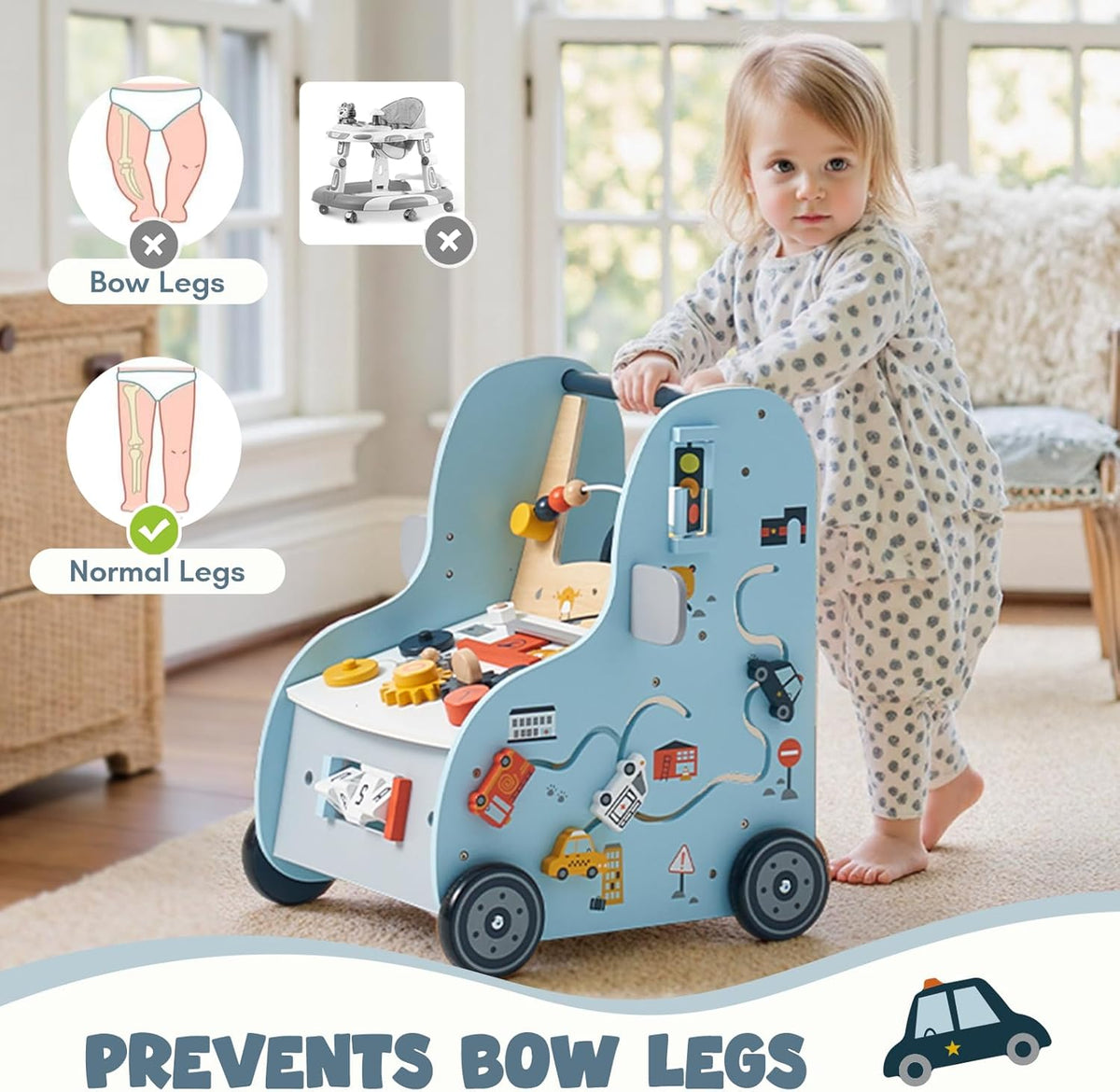 Baby Walker First Step Activity - Adjustable Speed Wooden Push Walker with Activity Center, Car Traffic & Tool Bench Theme: Shape Sorter, Steering Wheel, Gears, Beads - Montessori Learning Walking Toy for Toddlers 1 2 3 Years Old [Plus A Free Gift]
