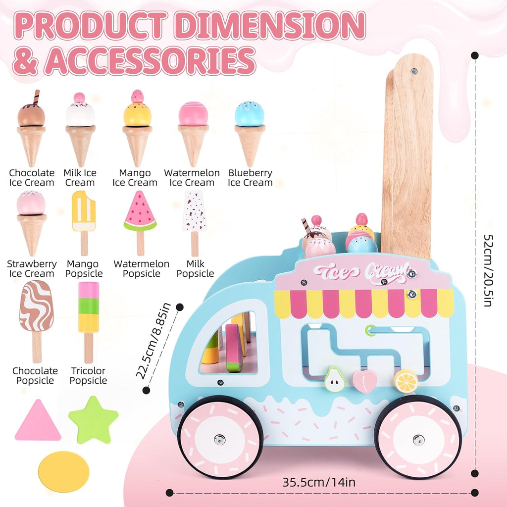 Baby Walker First Step Activity - Wooden Learning Walker with Wheels, Multifunctional Ice Cream Cart Toy & Activity Center for Toddlers, Push Walking Toy Gift for 1 2 3 Year Old Girls Boys [Plus A Free Gift]