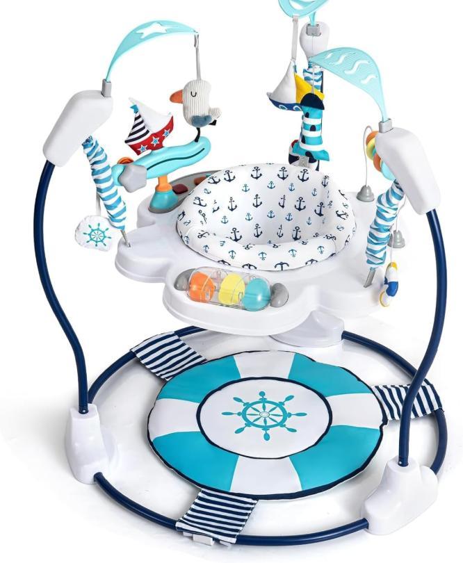 360° Rotating Stationary Baby Jumperoo Activity Center, Adjustable Height Baby Bouncer Swing Rocker with Musical Interactive Toys, Portable Play Chair Infant Play Essentials