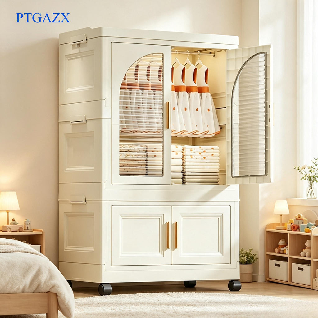Cream White Foldable Plastic Baby Wardrobe, Kids Storage Organizer with Magnetic Doors, Transparent Panels & Lockable Wheels, Portable Clothing & Toy Storage Cabinet for Nursery & Kids Bedroom