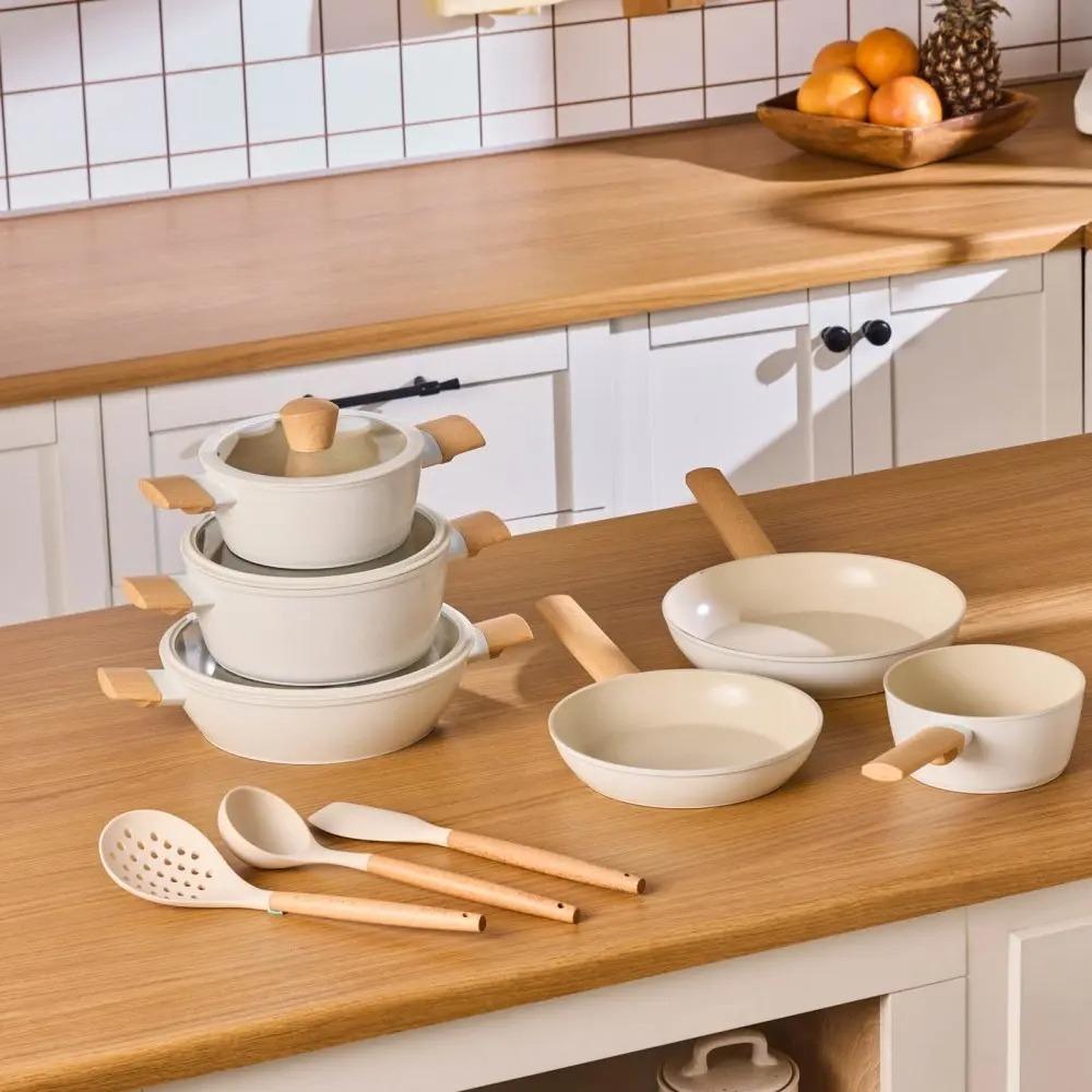 12‑Piece Ceramic Non‑Stick Pots and Pans Set, Almond Cream Induction Compatible Cookware Set, Scratch‑Resistant Ceramic Coating with Cooking Utensils, Non‑Toxic Cookware for Gas Electric All Stovetops
