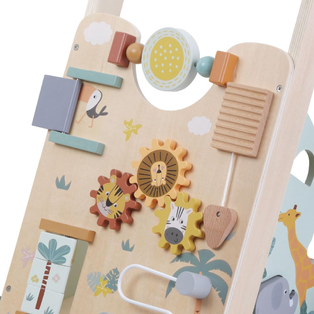 Wooden Baby Push‑Along Activity Walker, Toddler Learning Walker with Multi‑Sensory Early Developmental Toys, Ideal for Boys and Girls, 18 Months+