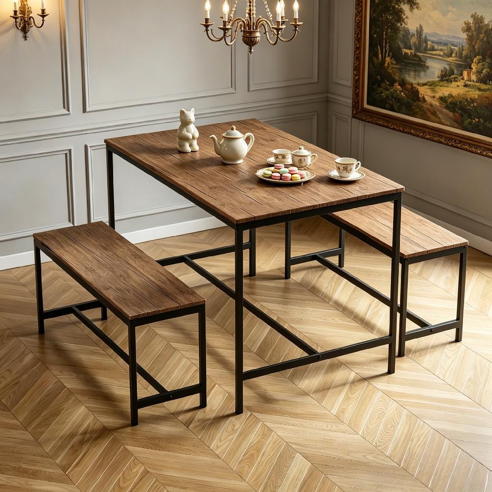 Industrial 4 Seater Dining Set with Bench – Space-Saving 3 Piece Table & Bench for Modern Kitchen [Plus A Free Gift]