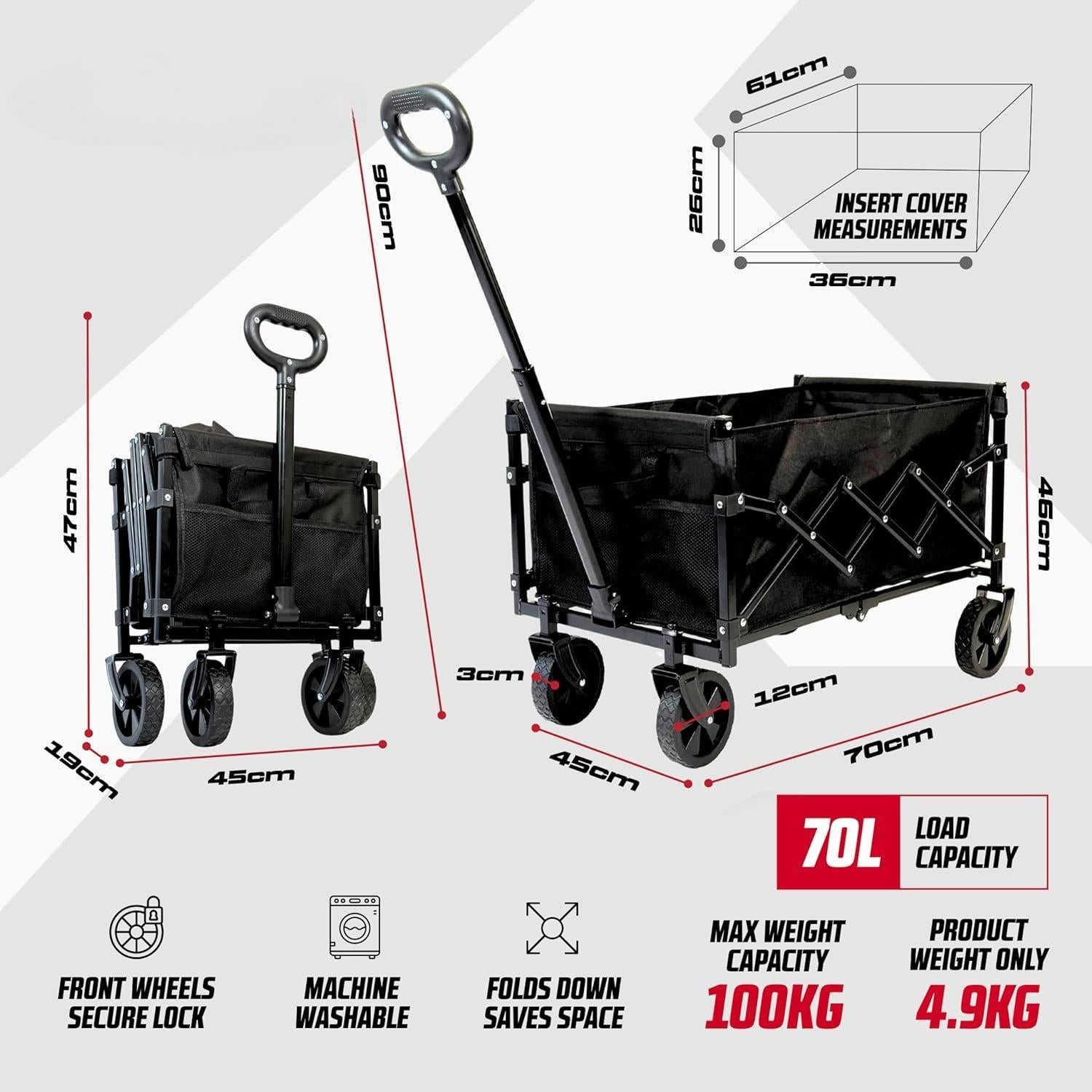 70L Festival Trolley on Wheels, Folding Wagon, Portable Camping Cart, Collapsible Foldable Trolly for Beach Outdoor Garden Picnic Shopping Fishing, Adjustable Handle, Black