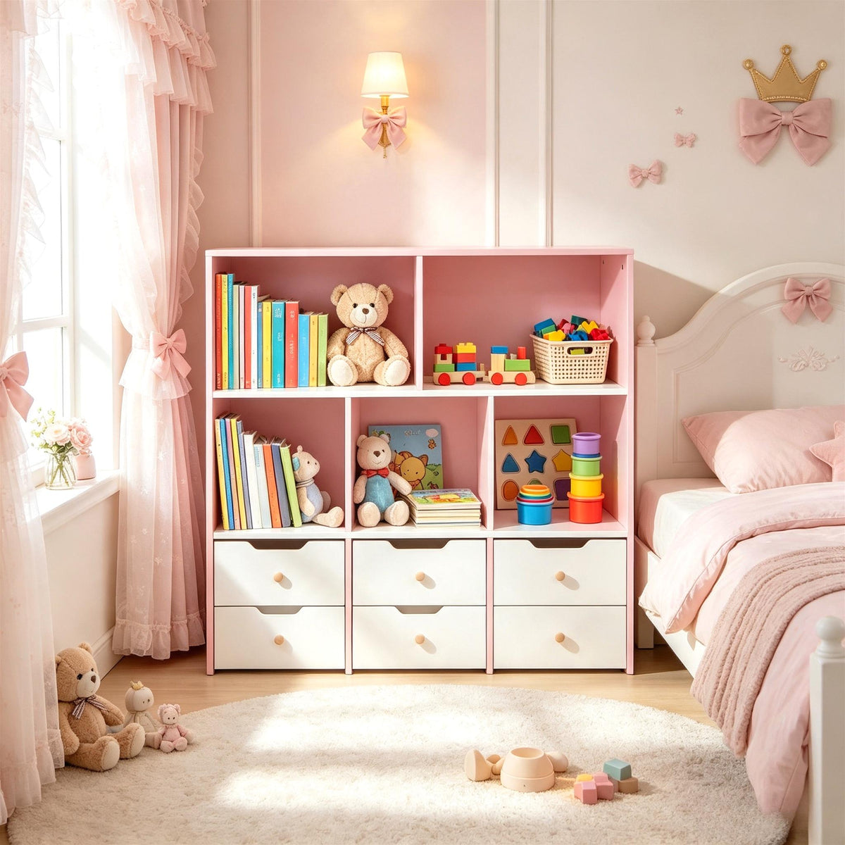 Wooden Kids Toy Storage Organizer Bookcase, 5 Open Cubes with 3 Rolling Wheeled Drawers, Multi‑Purpose Children Storage Cabinet for Playroom Kids Bedroom Nursery