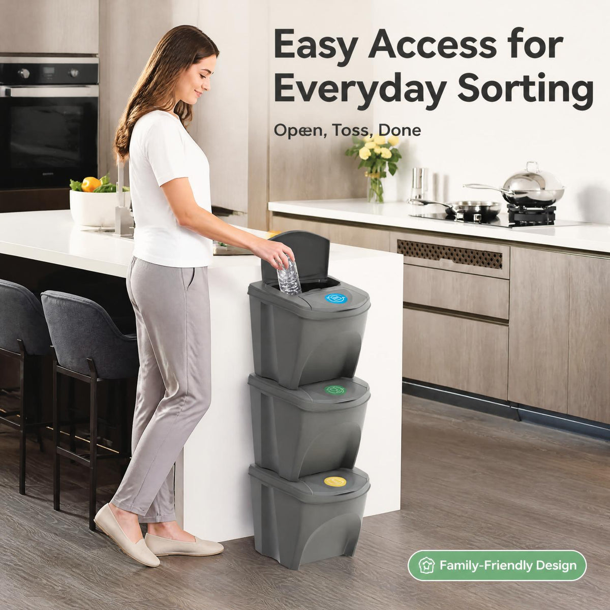 3‑Pack Stackable Recycling Bins – 25L Each with Secure Lids, Colour‑Coded Sticker Labels, Space‑Saving Design for Kitchen, Office, or Garden Waste – Total 75L Storage Capacity in Sturdy Grey Plastic