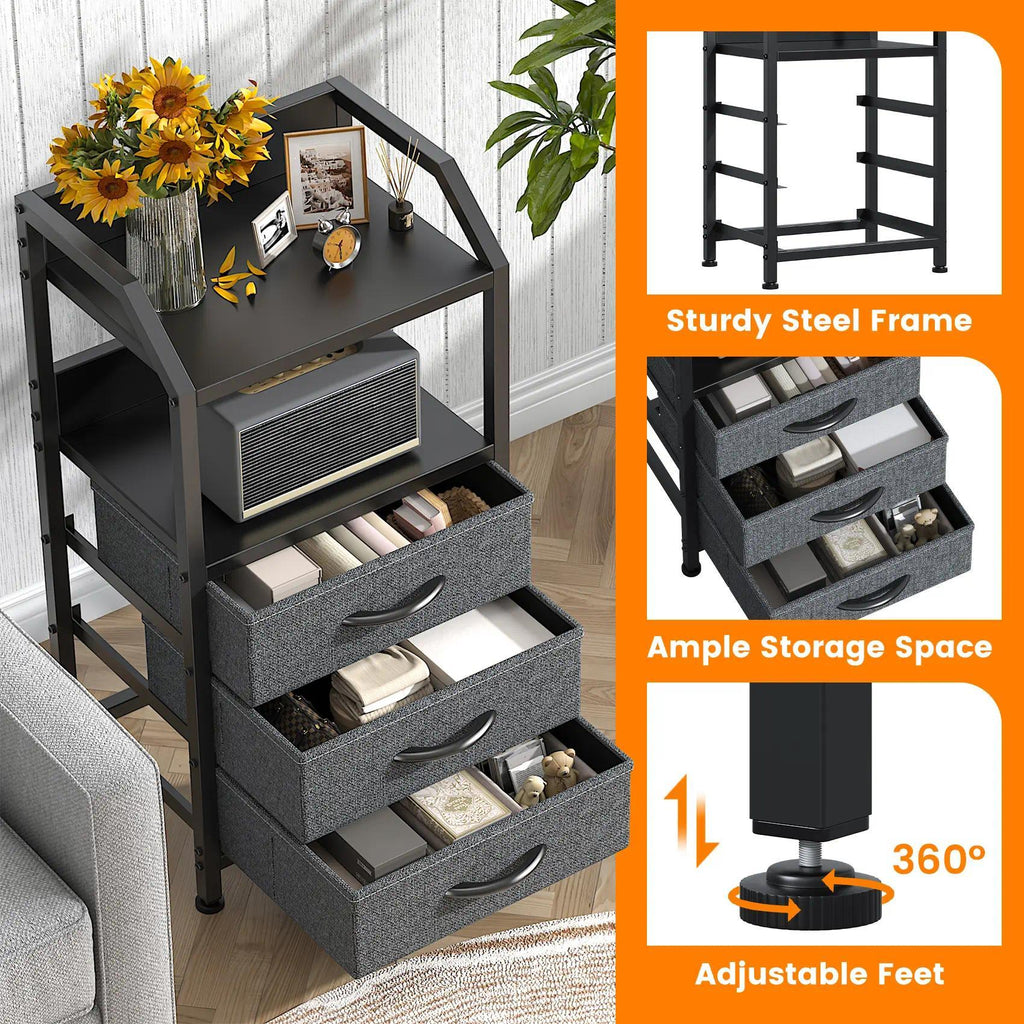 Set of 2 Rustic Industrial Nightstands, Wood and Metal Bedside Table with Drawers & 2 Open Storage Shelves, Multi-Purpose End Table Sofa Side Table, Bedside Organizer Cabinet for Bedroom Living Room Small Spaces