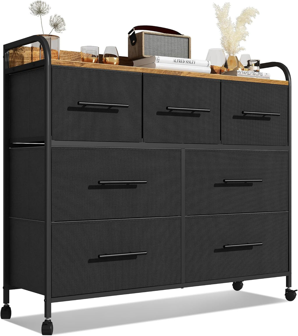 【NS】Bedroom Chest of Drawers, 7 Fabric Drawers, Clothing Storage Cabinet with 4 Castors, Wood Top and Metal Frame, for Living Room