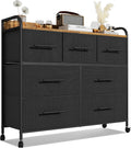 【NS】Bedroom Chest of Drawers, 7 Fabric Drawers, Clothing Storage Cabinet with 4 Castors, Wood Top and Metal Frame, for Living Room