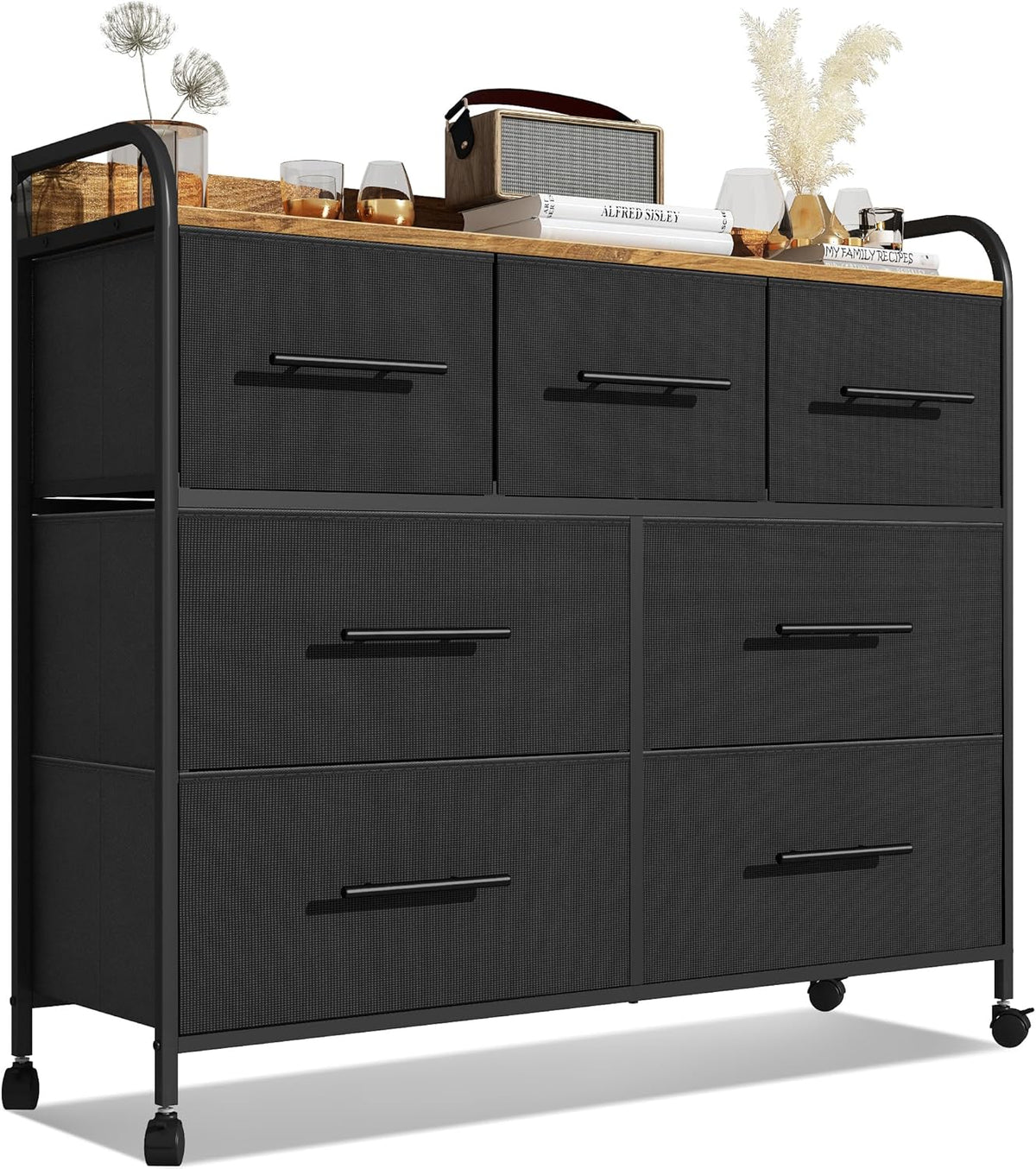 【NS】Bedroom Chest of Drawers, 7 Fabric Drawers, Clothing Storage Cabinet with 4 Castors, Wood Top and Metal Frame, for Living Room