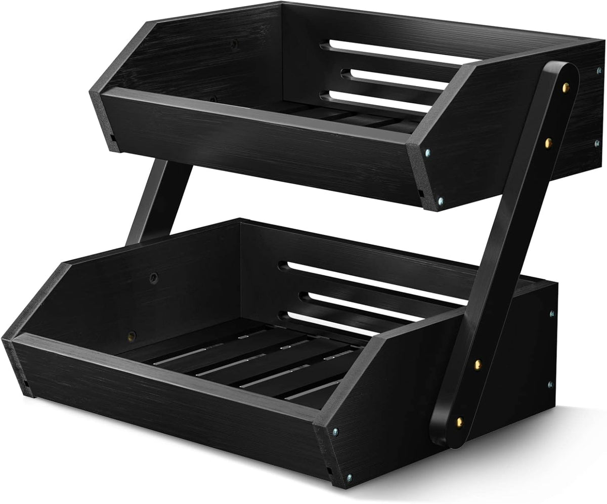 3-Tier Bamboo Fruit Basket Bowl Holder, Bread Vegetables Storage Stand for Kitchen Countertop, Snacks  in Home Kitchen and Office, Black