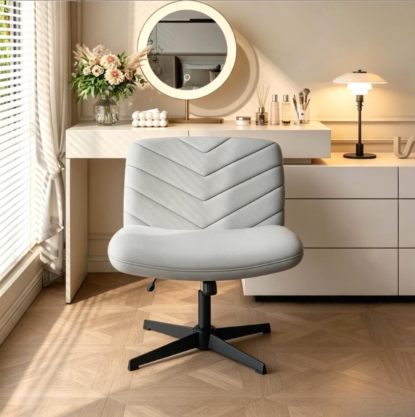 Armless Wide‑Seat Swivel Desk Chair, Adjustable Height X‑Base Mid‑Back Task Chair, Comfy Vanity Chair for Home Office, Study & Makeup