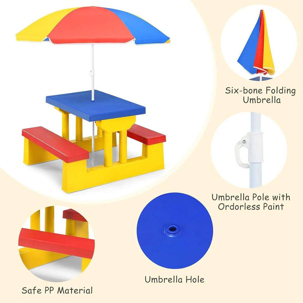 Kids Outdoor Picnic Table with Detachable Adjustable Umbrella, 4-Seater PP Plastic Table & Bench Set, Indoor Backyard Garden Activity Play Furniture for Boys and Girls